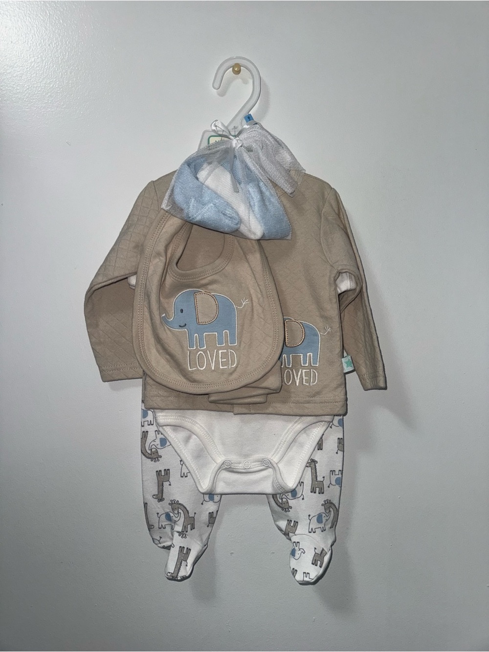 Neutral Beige Baby One-Piece Set with Blue Elephant Bib - Loved